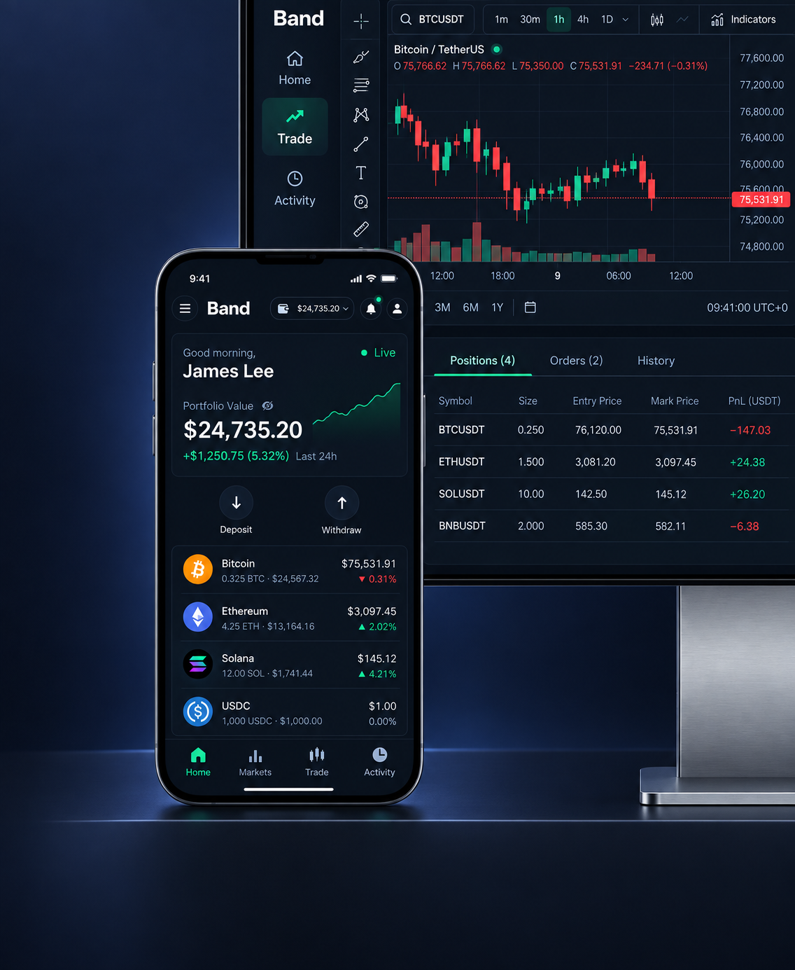 Band dark trading platform shown on desktop and mobile